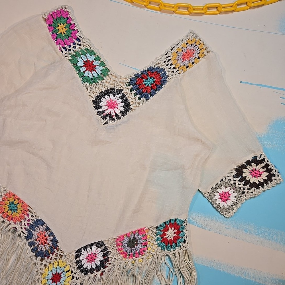 Asha Crochet Fringe Poncho Top Color Blocked Festival Mexico 21x32 Boho One Size